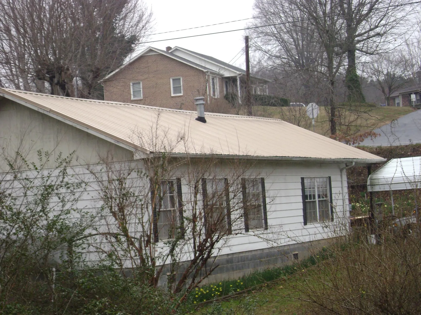 Tan metal roof on a white sided house set into a hillside — Commercial Roofing by Roofing Brothers in Piney Flats
